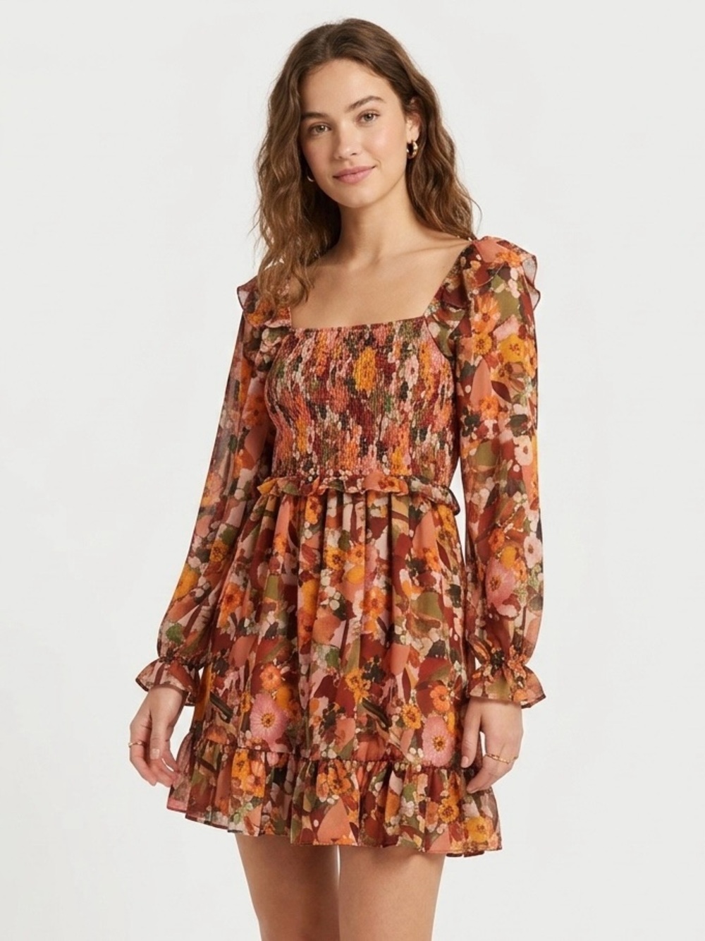 JODIFL,  Rust Floral Smocked Long-Sleeve Mini Dress - S